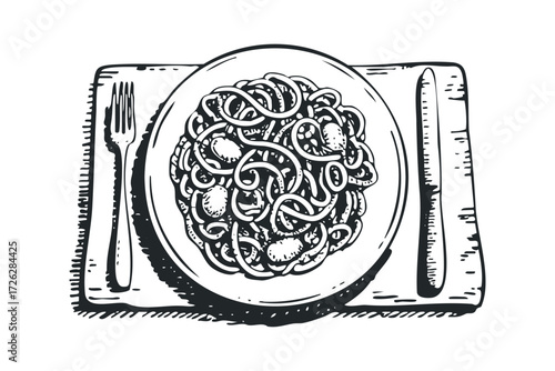 Hand drawn pasta on plate with fork and knife. Vector hand drawn illustration