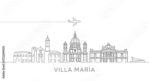 Villa Maria Skyline with Airplane and Boat Vector Art