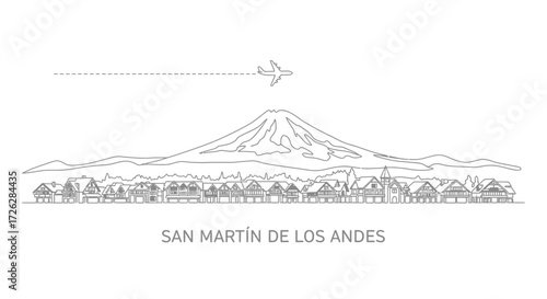 San Martin de los Andes skyline with volcano and airplane