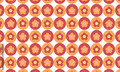 The orange and pink floral pattern with a circular background displays a cheerful and feminine style.  Suitable for fabric motifs, stickers, or decorative graphic designs.