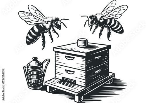 Two Bees Hovering Near Wooden Hive And Smoker. Vector hand drawn illustration