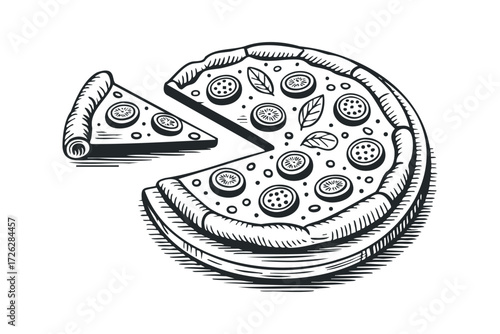 Hand Drawn Pizza Slice Removed from Round Pie. Vector hand drawn illustration