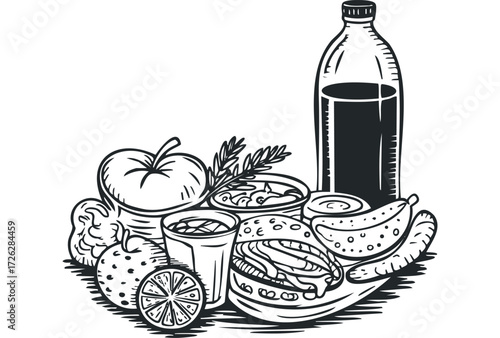 Hand-drawn depiction of diverse food and drink items. Vector hand drawn illustration