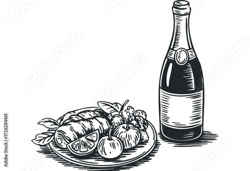Plate of Food and Bottle Sketch. Vector hand drawn illustration