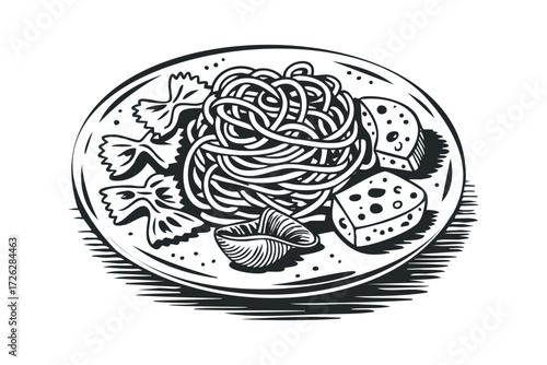 Pasta dish with cheese and sauce on a plate. Vector hand drawn illustration