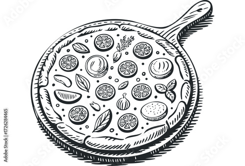 Hand Drawn Pizza on Wooden Board with Toppings. Vector hand drawn illustration