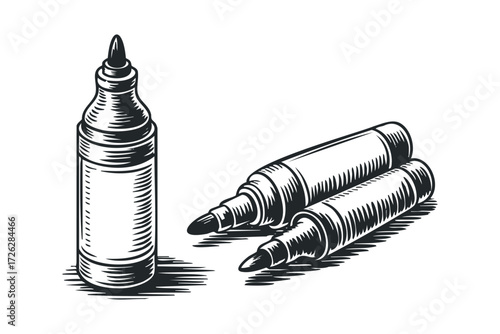 Line art drawing of two markers and one upright marker. Vector hand drawn illustration