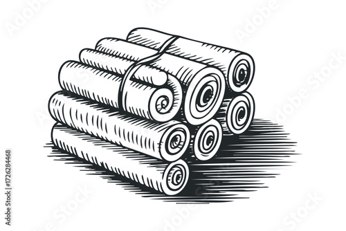 Wood Logs Stacked Together Bound by Rope. Vector hand drawn illustration