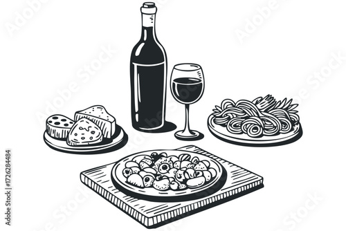 Still life of wine bottle, cheese, pasta, and salad. Vector hand drawn illustration