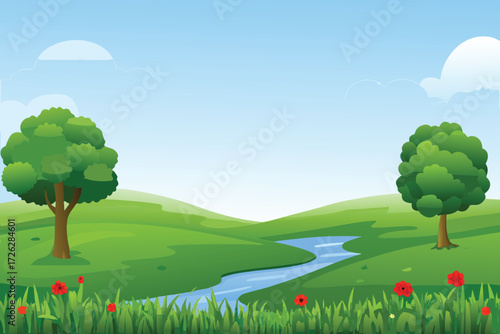 A peaceful landscape featuring green hills trees and a winding blue river