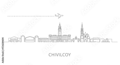 Chivilcoy skyline with airplane, line art