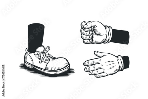 Boot with hand gestures showing fist and open palm. Vector hand drawn illustration