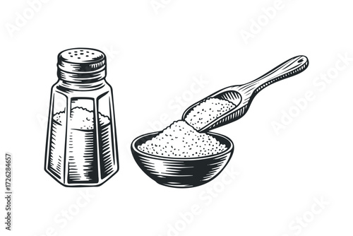 Salt shaker and bowl with granular seasoning. Vector hand drawn illustration
