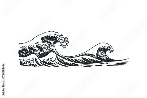 Dynamic ocean wave illustration with foamy crest. Vector hand drawn illustration