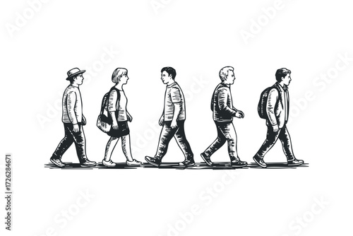 Group of five people walking in a line. Vector hand drawn illustration