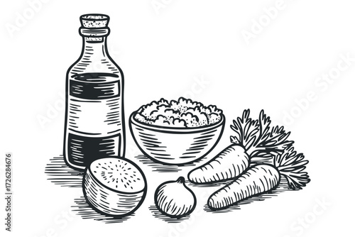 Still life composition with cooking ingredients in linocut style. Vector hand drawn illustration