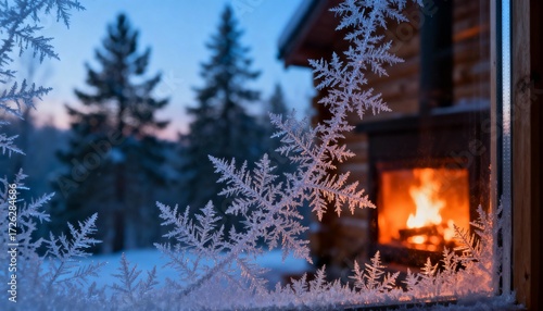 Cozy Cabin Serenity: Frosty, intricate patterns adorn the window, framing a warm, inviting cabin interior where a fire crackles merrily within the fireplace, creating a cozy and serene ambiance.
