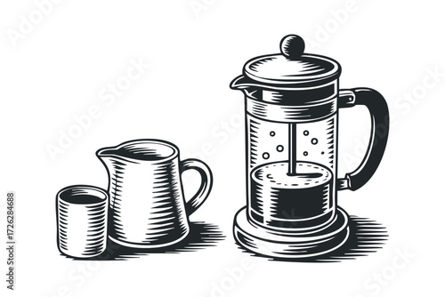 French Press Coffee Maker with Creamer Pitcher and Cup. Vector hand drawn illustration