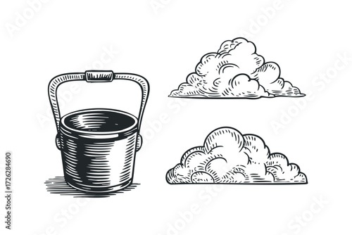 Vintage style metal bucket with puffy clouds. Vector hand drawn illustration