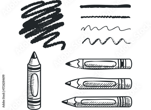 Black crayon and pencils with sketchy lines. Vector hand drawn illustration