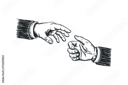 Two hands reaching towards each other in sketch style. Vector hand drawn illustration