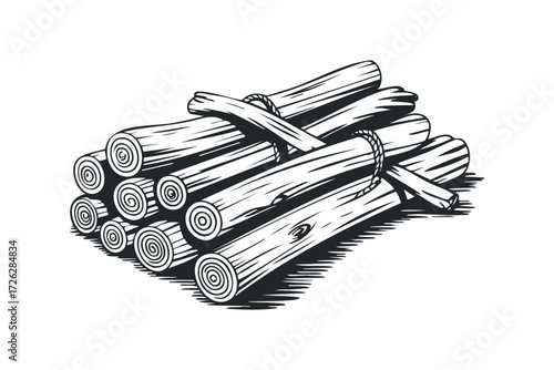 Bundled logs tied with rope ready for use. Vector hand drawn illustration