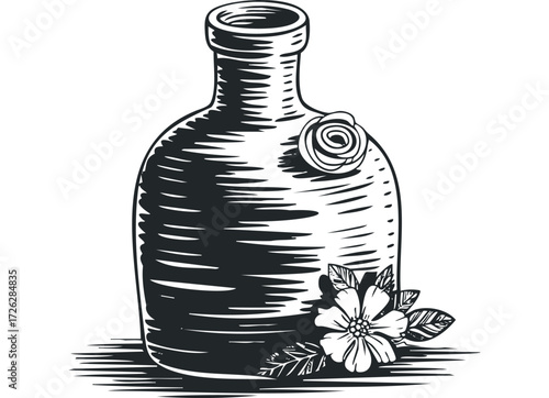 Vase with Flower and Leaves Woodcut Style. Vector hand drawn illustration