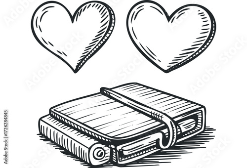 Hand drawn sketch of two hearts above a tied book. Vector hand drawn illustration