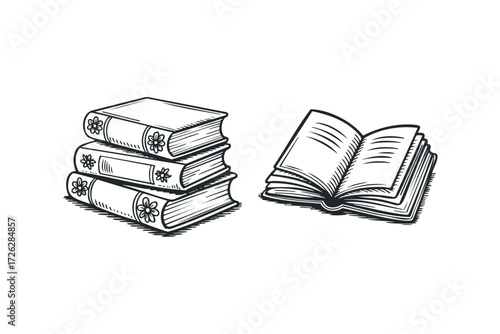 Stack of open and closed books with ornate cover detail. Vector hand drawn illustration