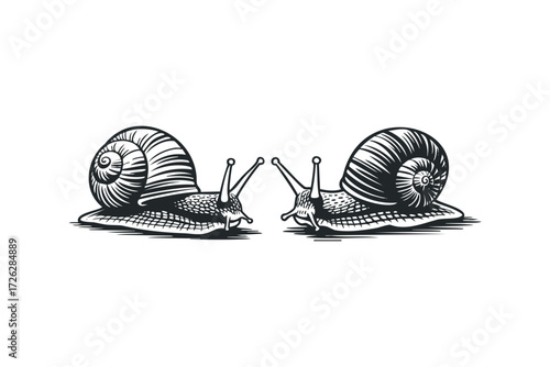 Two snails interacting on a white background. Vector hand drawn illustration