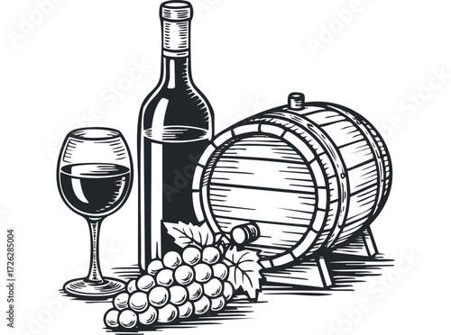 Wine bottle glass barrel and grapes. Vector hand drawn illustration