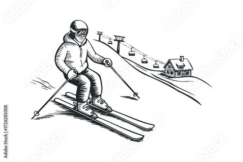 Man skiing down slope past ski lift with lodge. Vector hand drawn illustration