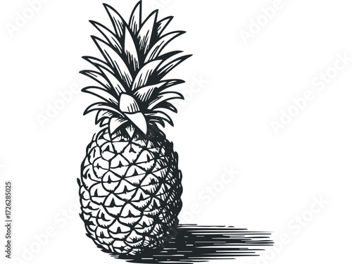 Line drawing of a pineapple with shadow. Vector hand drawn illustration