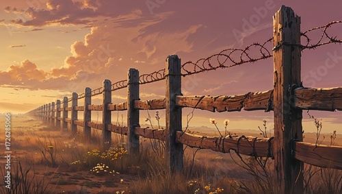 Wooden Fence with Barbed Wire at Sunset, Countryside Landscape