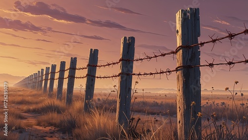 Rural Barbed Wire Fence at Sunset, Countryside Landscape