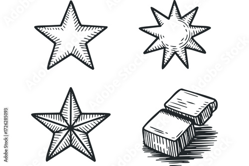 Hand Drawn Stars and Cubes Collection. Vector hand drawn illustration