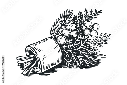 Sketch of a bunch of berries and evergreen sprigs. Vector hand drawn illustration
