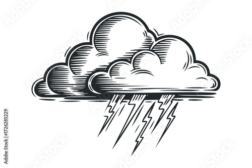 Stormy cloud with lightning bolts striking down. Vector hand drawn illustration