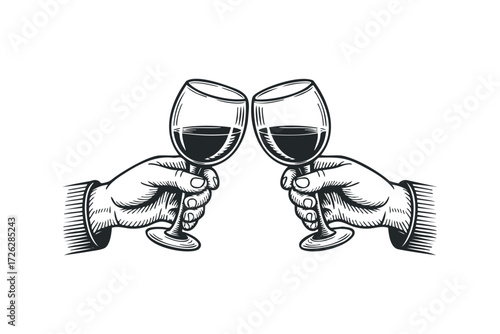 Two hands clinking wine glasses filled with red wine. Vector hand drawn illustration