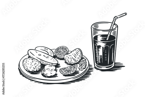 Sketch of a plate of fruit and a tall glass with straw. Vector hand drawn illustration