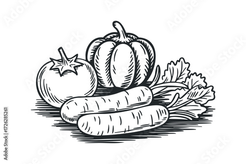 Line art arrangement of tomato, pumpkin, and carrots. Vector hand drawn illustration