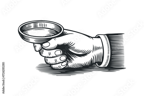 Hand holding magnifying glass in woodcut style. Vector hand drawn illustration