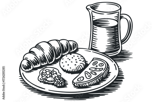Sketch of breakfast with croissant, bread, and drink. Vector hand drawn illustration