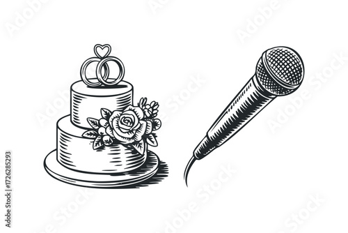 Wedding cake with rings and microphone. Vector hand drawn illustration