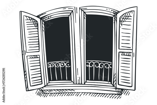 Open balcony window with shutters and railing. Vector hand drawn illustration