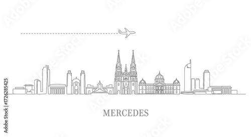 Outline Skyline of Mercedes city with Airplane