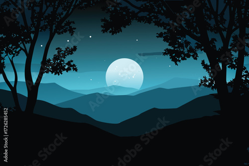 Silhouetted trees frame a bright full moon over rolling mountain landscape