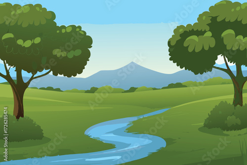 Scenic landscape with lush green fields a winding stream and distant mountains