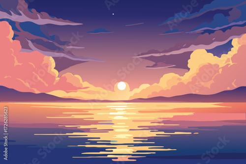 Golden sunset over calm water with reflections and dramatic clouds