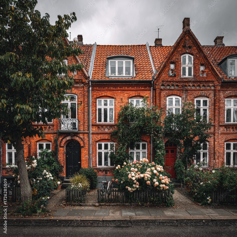 Fototapeta premium Three attached red brick houses with terracotta roofs, lush greenery, and a paved walkway under a cloudy sky